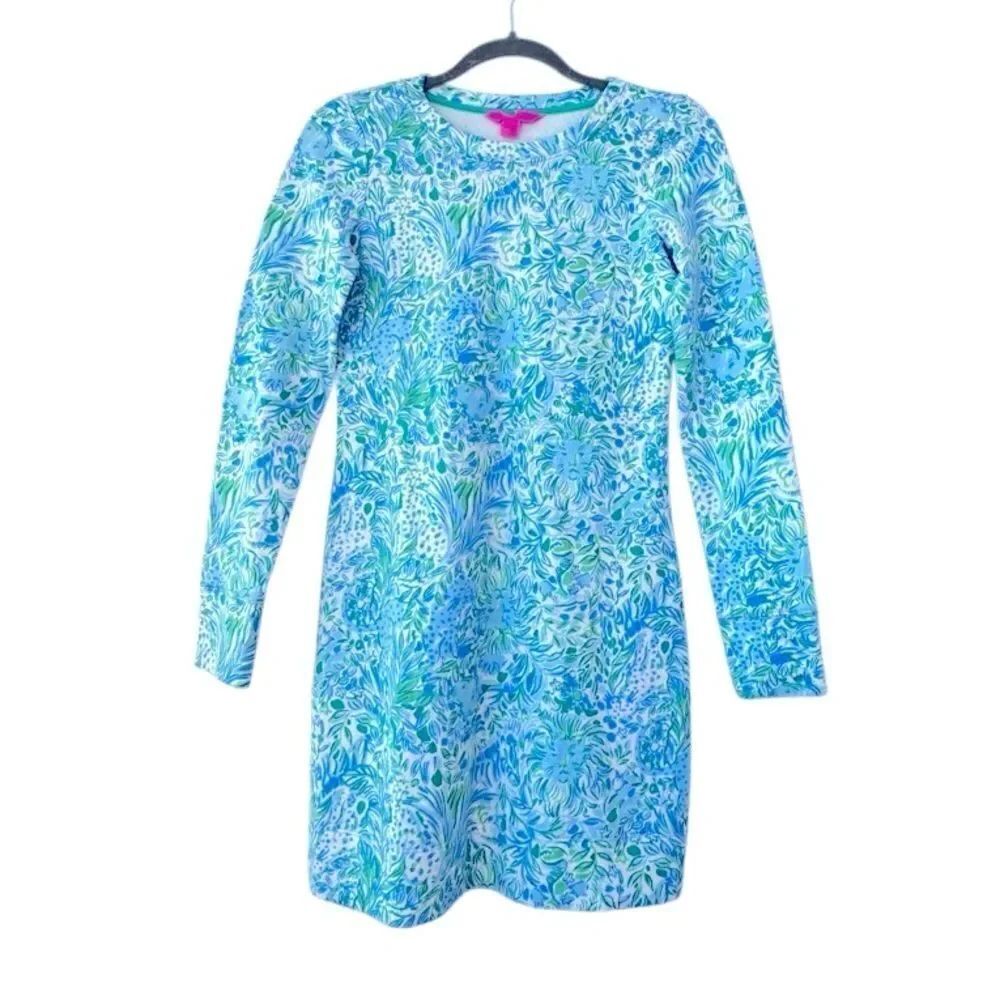 Lilly Pulitzer Kenley Dress Hydra Blue Dandy Lion Long Sleeve Crew SZ XXS NWOT